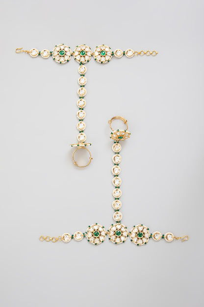 Gold Finish Kundan Polki Hathphool (Set Of 2)