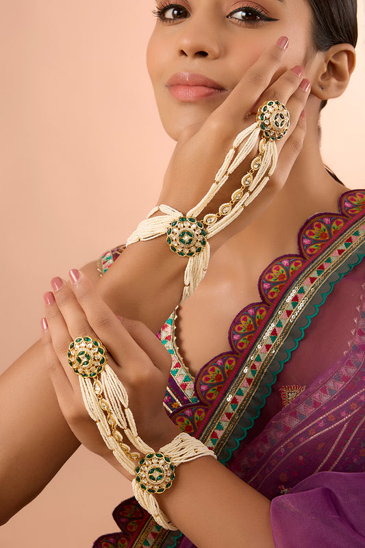 Gold Finish Kundan Polki Hathphool (Set Of 2)