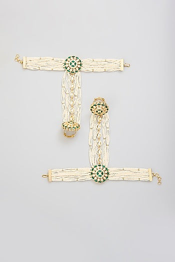 Gold Finish Kundan Polki Hathphool (Set Of 2)