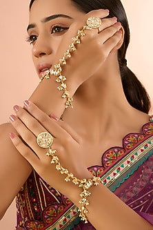 Gold Finish Kundan Polki Hathphool (Set Of 2)