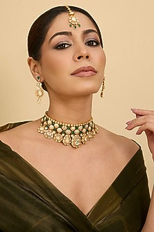 Gold Finish Green Moissanite Necklace Set