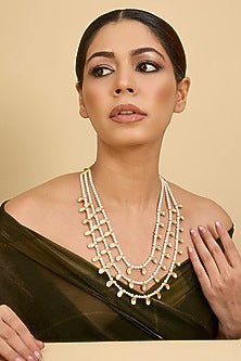 Gold Finish Moissanite Stone & Pearl Layered Necklace