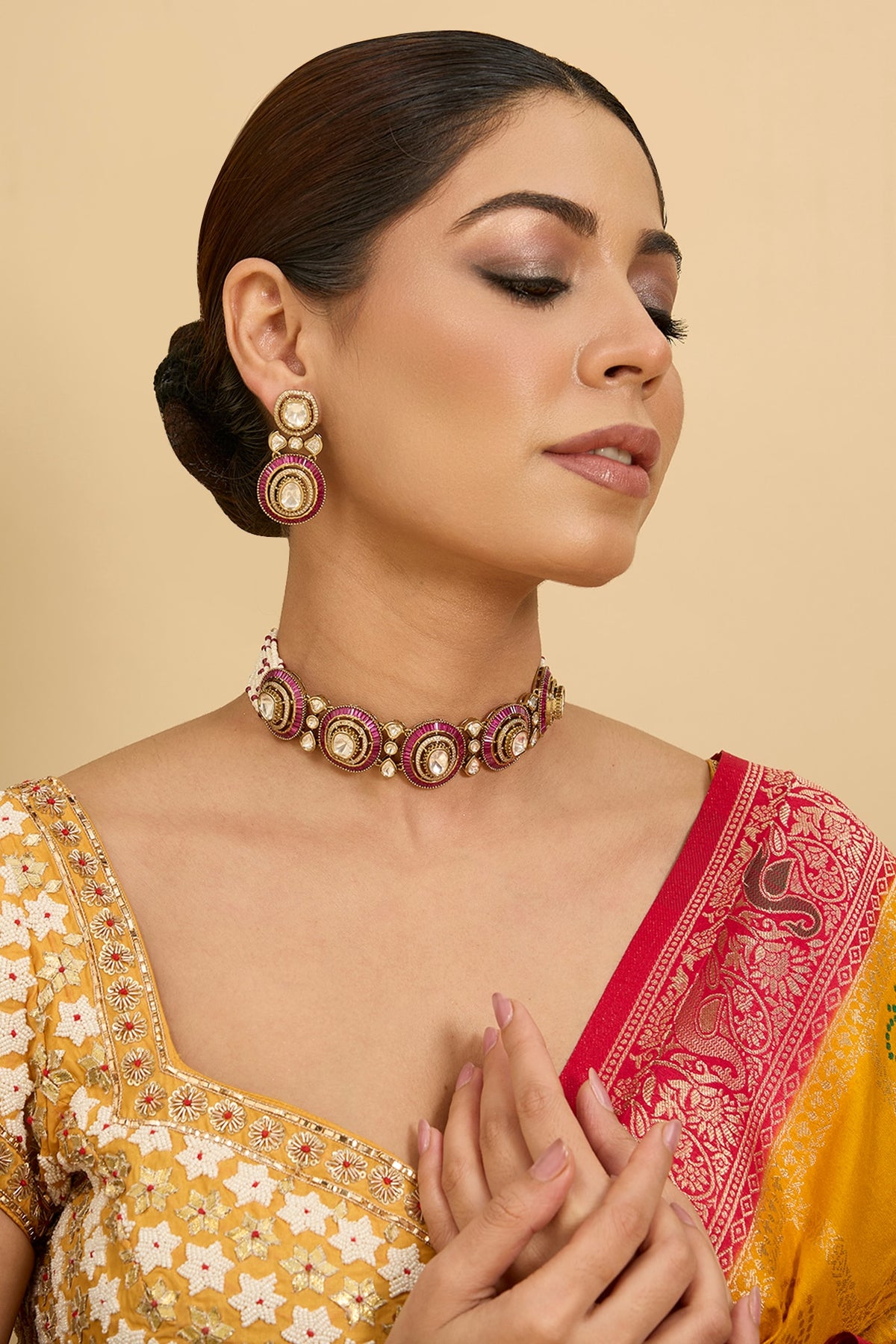 Gold Finish Red Moissanite Stone Choker Necklace Set
