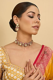 Gold Finish Red Moissanite Stone Choker Necklace Set