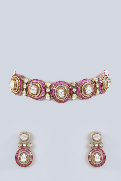 Gold Finish Red Moissanite Stone Choker Necklace Set