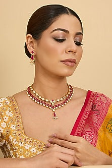 Gold Finish Red Moissanite Stone Long Necklace Set