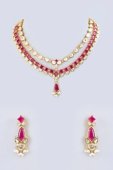 Gold Finish Red Moissanite Stone Long Necklace Set