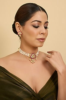 Gold Finish Red Stone & Moissanite Choker Necklace Set