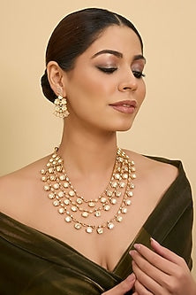 Gold Finish Moissanite Stone Long Layered Necklace Set