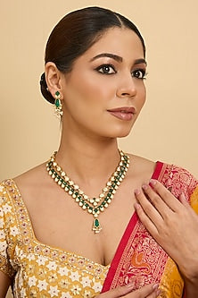 Gold Finish Green Moissanite Stone Long Necklace Set