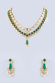 Gold Finish Green Moissanite Stone Long Necklace Set