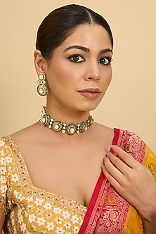 Gold Finish Green Moissanite Stone Choker Necklace Set
