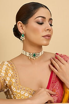 Two Tone Finish Green Stone & Kundan Polki Choker Necklace Set