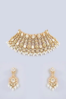 Gold Finish Moissanite Stone & Pearl Necklace Set