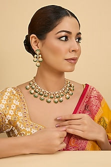 Gold Finish Green Moissanite Stone Necklace Set