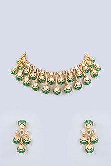 Gold Finish Green Moissanite Stone Necklace Set