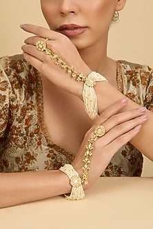 Gold Finish Kundan Polki & Pearl Hathphool (Set Of 2)