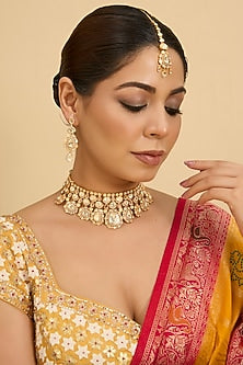 Gold Finish Moissanite Polki Necklace Set