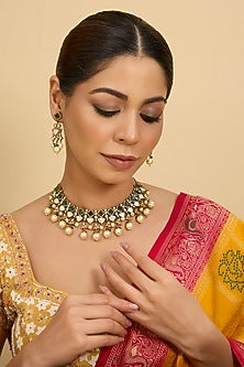 Two-Tone Finish Kundan Polki & Green Stone Necklace Set