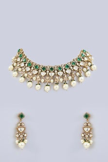 Two-Tone Finish Kundan Polki & Green Stone Necklace Set