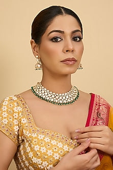 Gold Finish Kundan Polki & Green Pearl Necklace Set