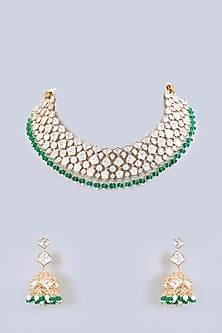 Gold Finish Kundan Polki & Green Pearl Necklace Set