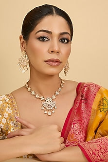 Gold Finish Kundan Polki & Pearl Droplet Necklace Set