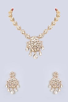 Gold Finish Kundan Polki & Pearl Droplet Necklace Set