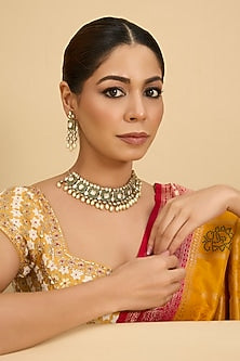 Two-Tone Finish Kundan Polki & Green Stone Necklace Set