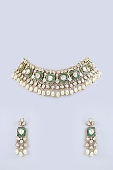 Two-Tone Finish Kundan Polki & Green Stone Necklace Set