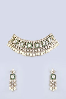 Two-Tone Finish Kundan Polki & Green Stone Necklace Set