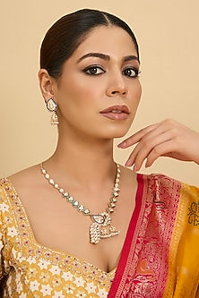 Gold Finish Kundan Polki & Green Enameled Long Necklace Set