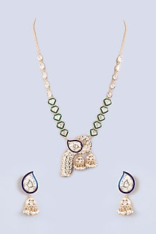Gold Finish Kundan Polki & Green Enameled Long Necklace Set
