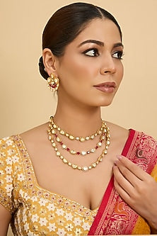 Gold Finish Moissanite & Red Stone Layered Necklace Set