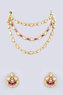 Gold Finish Moissanite & Red Stone Layered Necklace Set