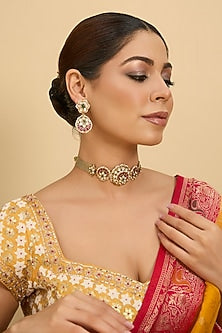 Gold Finish Kundan Polki & Pink Stone Choker Necklace Set