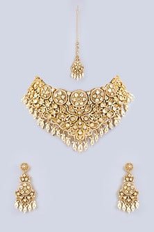 Gold Finish Kundan Polki & Pearl Necklace Set