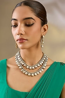 Two Tone Finish White Kundan Polki Layered Necklace Set