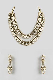 Two Tone Finish White Kundan Polki Layered Necklace Set