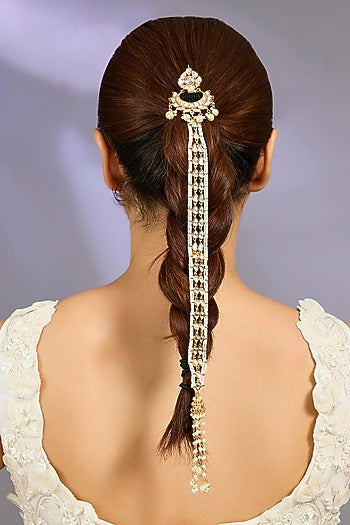 Gold Finish Kundan Polki & Pearl Hair Braid Accessory