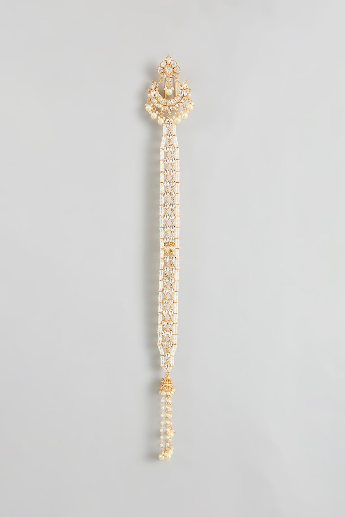 Gold Finish Kundan Polki & Pearl Hair Braid Accessory