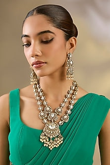 Two Tone Finish Kundan Polki Long Layered Necklace Set