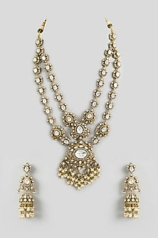 Two Tone Finish Kundan Polki Long Layered Necklace Set