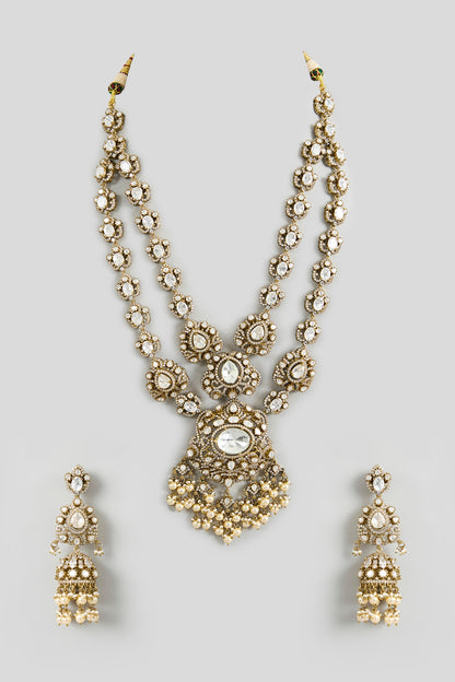 Two Tone Finish Kundan Polki Long Layered Necklace Set