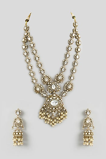 Two Tone Finish Kundan Polki Long Layered Necklace Set