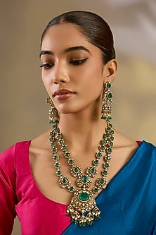 Two Tone Finish Green Stone & Pearl Long Layered Necklace Set