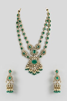 Two Tone Finish Green Stone & Pearl Long Layered Necklace Set