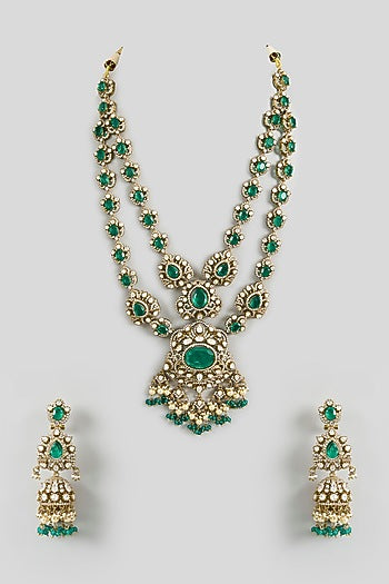 Two Tone Finish Green Stone & Pearl Long Layered Necklace Set