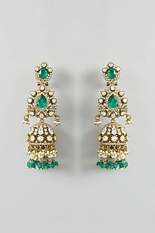 Two Tone Finish Green Stone & Pearl Long Layered Necklace Set