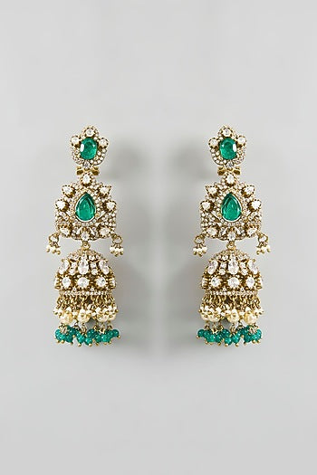 Two Tone Finish Green Stone & Pearl Long Layered Necklace Set